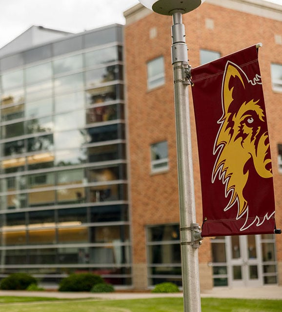 Wolf head banner outside brick campus building