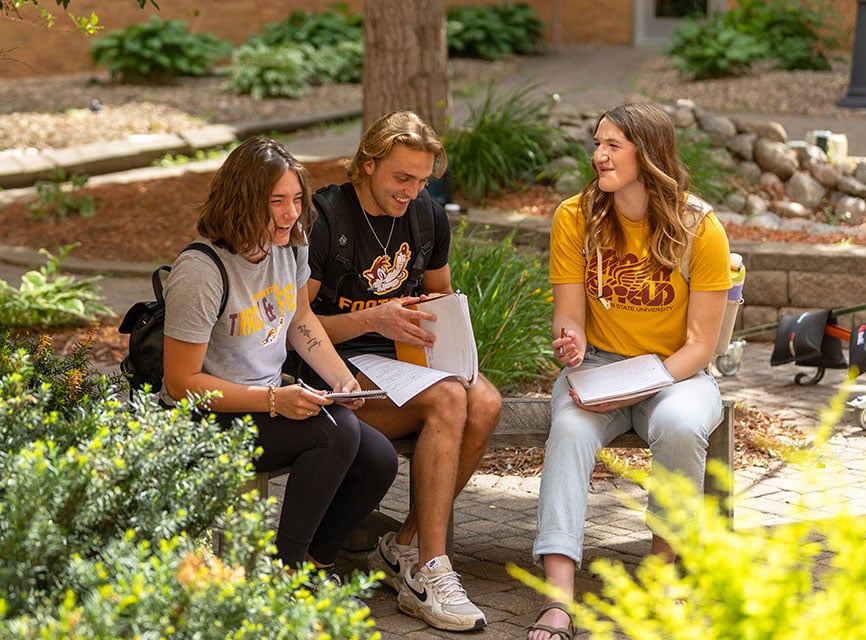 Three students studying and laughing outside on campus